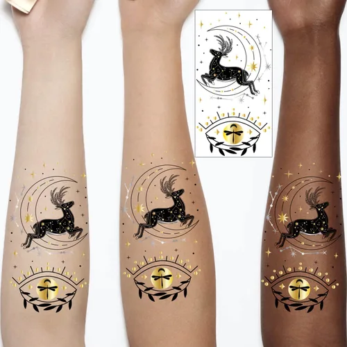 Vista 3 de Glaryyears Tatuaje temporal dorado metálico, paquete de 18 tatuajes falsos de larga duración, paquete variado de tatuajes realistas