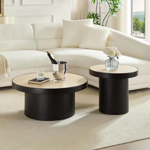Vista 17 de WILLIAMSPACE Mesa de centro redonda de madera maciza de 31.5 pulgadas con parte superior gruesa de dos niveles, mesa central de madera moderna, mesa