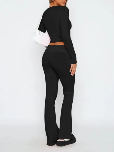 Vista 3 de Raikamitu Conjuntos de descanso para mujer, 2 piezas, manga larga, recortada, pantalones acampanados, conjuntos casuales de yoga, conjunto de dos