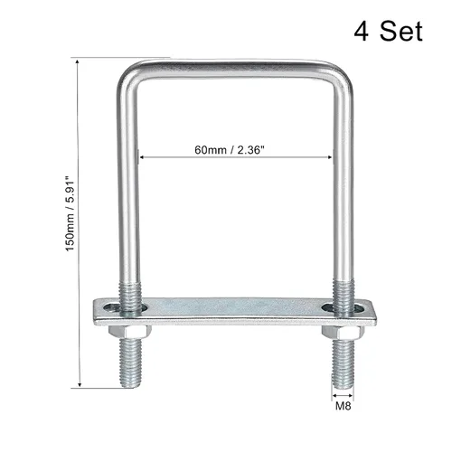 Vista 27 de uxcell Pernos cuadrados en U de 1 "(25 mm) de ancho interior de acero al carbono M8 con tuercas, placa de marco, arandelas redondas, juego de 4