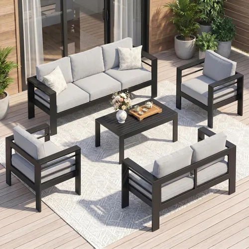 Vista 49 de Solaste Sofá de aluminio para patio con mesa auxiliar, juego de 3 muebles de patio con cojines, sofá de exterior para todo tipo de clima