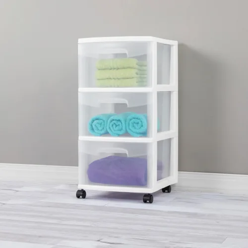 Vista 8 de Sterilite Paquete de 2 organizadores de almacenamiento de plástico, carrito con 3 cajones, organizador de armario, color blanco
