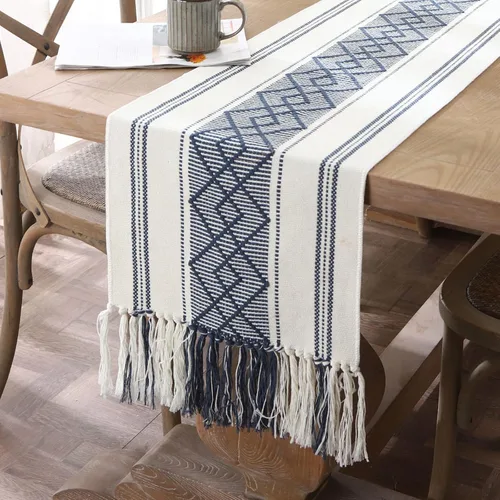 Vista 8 de Caminos de mesa tejidos estilo granja, caminos de mesa bohemios de 72 pulgadas de largo con borlas, elegantes caminos de mesa lavables para comedor