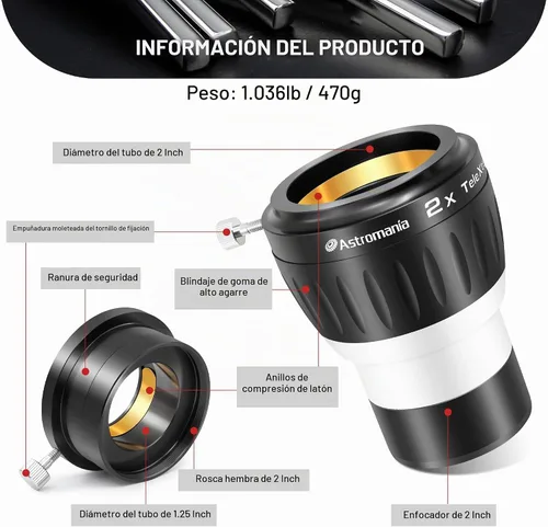 Vista 2 de Astromania Barlow Lens 2x, 2 pulgadas, 4 elementos totalmente multicapa de metal de alta potencia, accesorio de telescopio con anillo interno