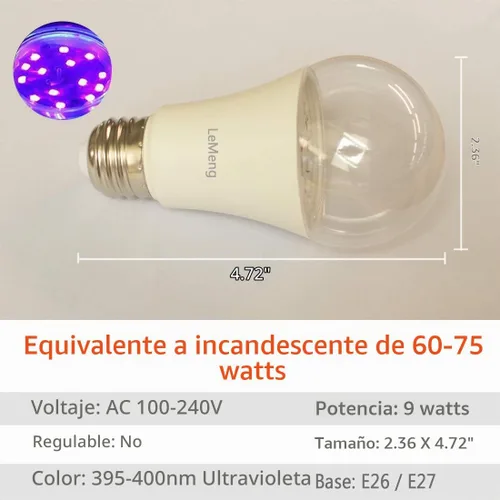 Vista 2 de Bombilla LED negra de 9 W, luz negra A19 (equivalente a 75 vatios), base media E26 de 120 V, nivel UVA 395-400 nm, brilla en la oscuridad