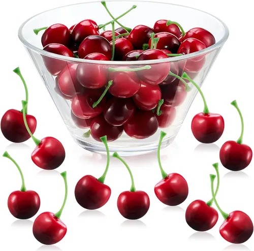 Vista 11 de Skylety 30 piezas de cerezas falsas artificiales de cerezas, decoraciones de fiesta de cereza de simulación para decoración de pasteles, hogar Rojo