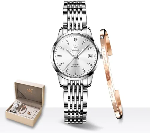 Vista 5 de OLEVS Relojes automáticos para mujer de acero inoxidable con diamantes mecánicos luminosos impermeables para mujer