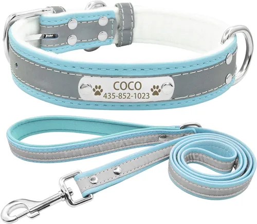 Vista 22 de Collar de perro de cuero reflectante personalizado con forro cálido, collar de perro personalizado con placa de nombre grabada para perros y gatos