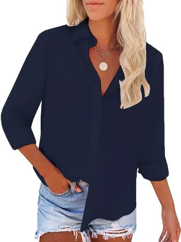 Vista 8 de Camisas de manga larga con botones para mujer, sin arrugas, para trabajo, oficina, con bolsillo