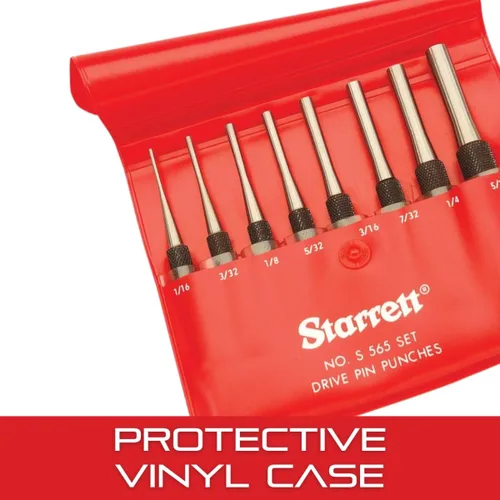 Vista 5 de Starrett Juego de punzón para pasador de accionamiento con empuñadura estriada y estuche protector de vinilo - 4" de largo, 1/16", 3/32", 1/8