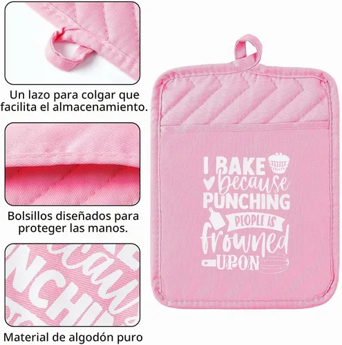 Vista 4 de 6 guantes de algodón para horno, soportes para ollas, resistentes a las mujeres, resistentes a la máquina, guantes de microondas con lazo