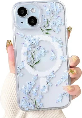 Vista 80 de NITITOP Funda magnética transparente compatible con iPhone 14 Plus/15 Plus, compatible con MagSafe lindas flores, hojas florales para mujeres