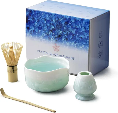 Vista 9 de Juego de Matcha de Cristal Natural con Flores - 4 Piezas Kit de Matcha de Grado Alimentario con Tazón con Pico, Batidor de Matcha, Cucharón