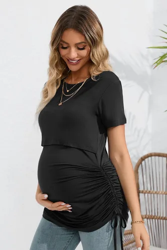 Vista 2 de Sosolism 4 in 1 Women's Maternity Nursing Dress for Breastfeeding Short Sleeve Side Drawstring Top