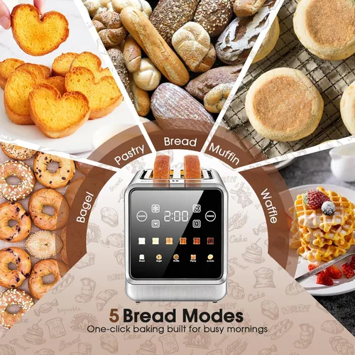 Vista 4 de Tostadora de 4 rebanadas de ranura larga para bagels y pan artesanal, pantalla táctil inteligente digital con función de memoria y modos de una sola