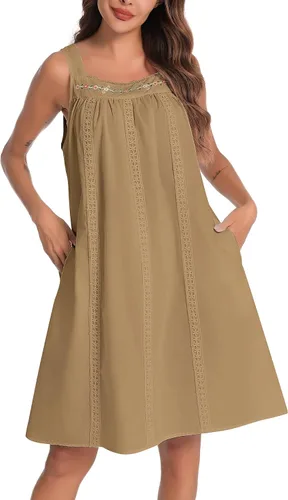 Vista 25 de YOZLY - Camisones de algodón sin mangas para mujer, camisón de tanque de noche con bolsillos A-Solid Blanco