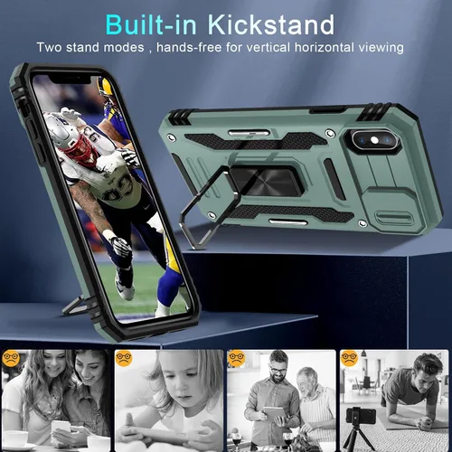 Vista 4 de DEERLAMN Funda para iPhone Xs Max con funda deslizante para cámara + protector de pantalla, soporte giratorio de anillo de grado militar a prueba