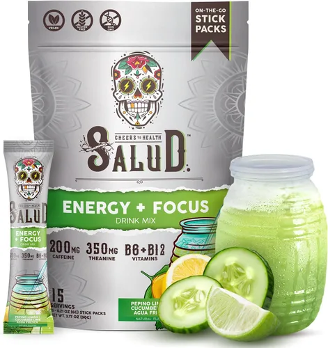 Vista 7 de Salud 2-en-1 Polvo para Bebida Energética + Enfoque, Sabor Cereza Lima, Cafeína Orgánica, B6 + B12, Teanina, Paquetes de Bebida Energética Limpia