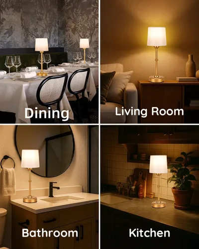 Vista 9 de Yogaret Lámpara de mesa inalámbrica LED dorada recargable, 6000 mAh, funciona con pilas, lámparas inalámbricas para sala de estar, restaurante