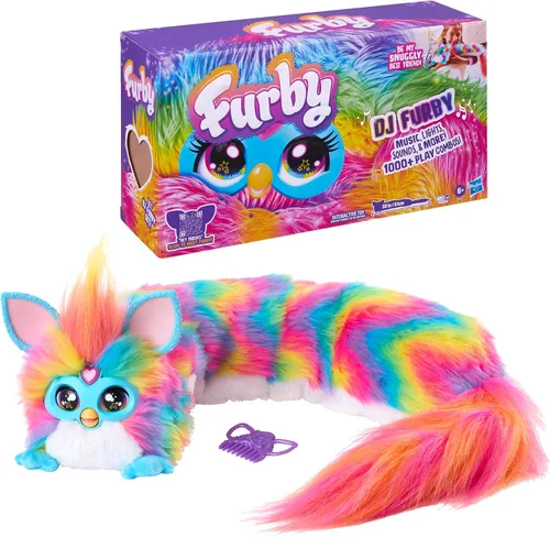 Vista 12 de FURBY Juguete Interactivo DJ, Peluche Electrónico Súper Suave Arcoíris con Música, Luces, Movimiento y Juegos, Habla Inglés y Furbish, 32 Pulgadas