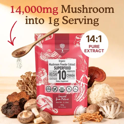 Vista 8 de Suplemento orgánico USDA de 10 hongos en polvo, enfoque y apoyo inmunológico 100% cuerpo fructífero, melena de león, cordyceps, hongo reishi