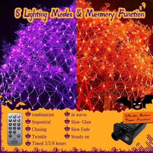 Vista 3 de Luces de red de Halloween, 360 luces LED de malla de 12 pies x 5 pies con 8 modos de control remoto, red impermeable de luces de arbusto de Navidad