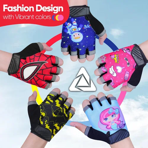 Vista 4 de Guantes de ciclismo de medio dedo para niños, antideslizantes, acolchados, antideslizantes, sin dedos, para niños y niñas, ideales para BMX, MTB