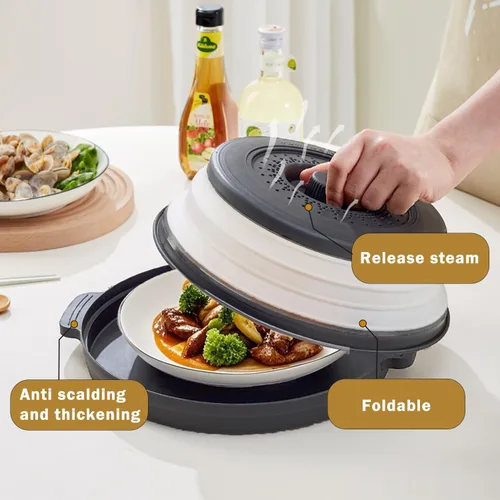 Vista 4 de Cubierta para microondas contra salpicaduras, cubierta de microondas para alimentos con bandeja anti-escaldadura, cubierta de placa de microondas