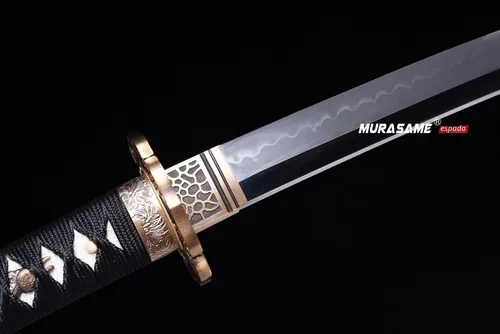 Vista 4 de MURASAME Wakizashi Sword T10 - Arcilla de acero templada real Hamon Full Tang muy afilada Negro-Shinogi