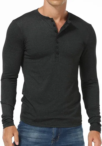 Vista 16 de KUYIGO Camisas Henley para hombre, estilo casual, ajustadas, básicas, de A01 Negro Puro