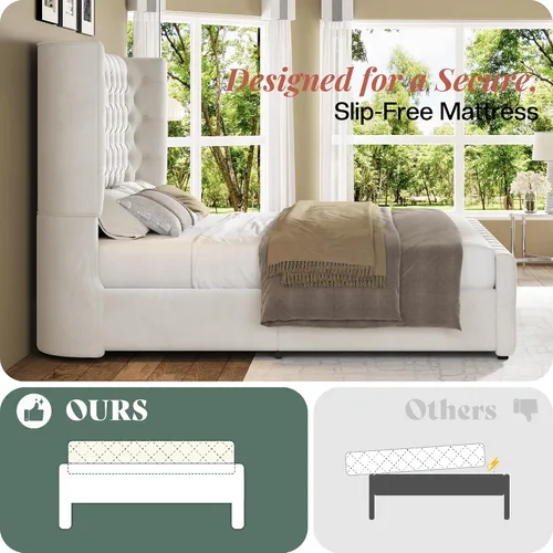 Vista 6 de Jocisland Base de cama tapizada tamaño Queen con cabecera curvada de 6.3 pulgadas, estribo copetudo, listones de madera, no necesita somier