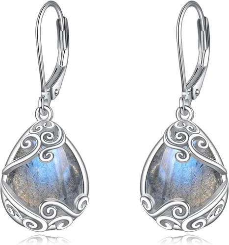 Vista 144 de Aretes colgantes con forma de lágrima de filigrana de piedra lunar de plata de ley 925 con cierre de palanca para mujer, regalos de joyería