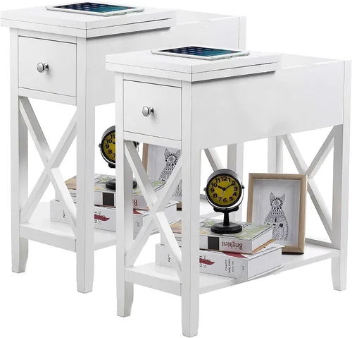 Vista 16 de ChooChoo Mesa auxiliar, mesa auxiliar estrecha abatible con estación de carga Narrow Side Table with USB Ports and Outlets, Nightstand with