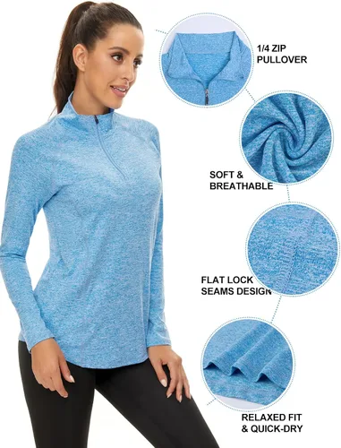 Vista 5 de LURANEE Sudadera de manga larga con cremallera de 14 para mujer, UPF 50+, para senderismo, correr, entrenamiento