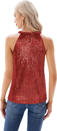 Vista 4 de GRACE KARIN Camisetas halter de lentejuelas para mujer, sin mangas, brillantes, fruncidas, fluidas, brillantes, para club, camisa de fiesta