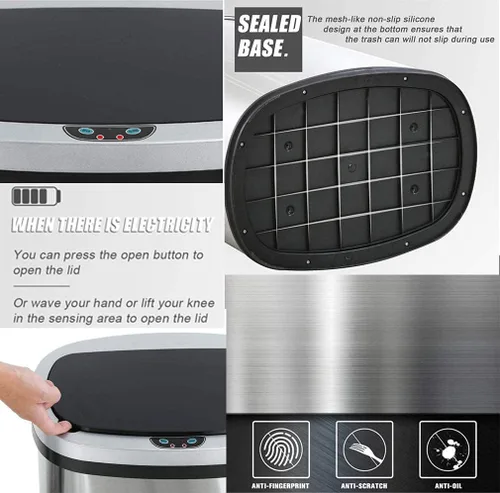 Vista 4 de Bote de basura de 13 galones con tapa, botes de basura automáticos para cocina, 50 L, con sensor de movimiento, cubo de basura de acero inoxidable