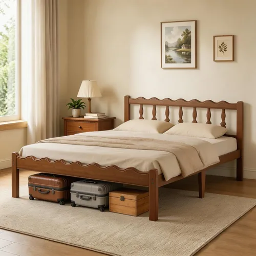 Vista 8 de Base de cama de bambú individual de 14 pulgadas con cabecera ondulada de mediados de siglo, cama de plataforma de madera maciza resistente