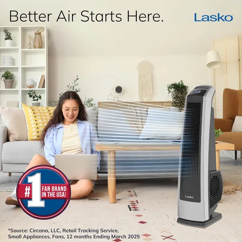 Vista 2 de Lasko Ventilador de torre oscilante de alta velocidad, 3 velocidades potentes, temporizador, rejillas direccionales ajustables, control remoto