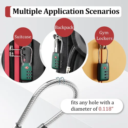 Vista 7 de Joyway Candado de equipaje aprobado por la TSA, candado de cable de combinación de 3 dígitos con cuerpo de aleación, cerraduras de combinación