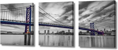 Vista 27 de TUMOVO Arte de pared en blanco y negro con paisaje urbano de Nueva York, decoración de pared de horizonte de Nueva York para sala de estar, puente