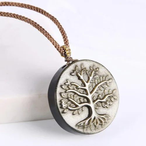 Vista 3 de Guptue Collar de árbol de la vida de piedra negra de obsidiana, dorado, obsidiana plateada, piedra natural para hombres y mujeres amantes