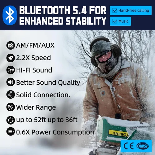 Vista 2 de PROHEAR 033 2.0 Auriculares Bluetooth de Protección Auditiva con Radio AM/FM - Orejeras de Reducción de Ruido 31 SNR, Batería Recargable de 50