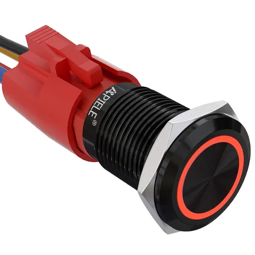Vista 9 de APIELE - Interruptor de botón de cierre de 16mm, 12V, ojo de ángel LED, impermeable, redondo, autobloqueante, 1NO (aluminio negro, azul)