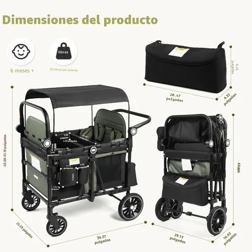 Vista 8 de Kinder King Cochecito Wagon para 4 niños, mango ajustable, color verde
