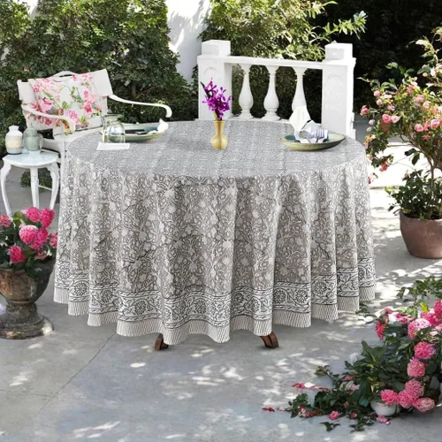 Vista 60 de Ridhi Mantel redondo estampado a mano color rosa flamenco 110 pulgadas 100%