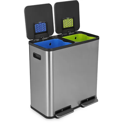 Vista 11 de Cubo de basura rectangular de 70 litros/18.5 galones con pedal, sin contacto manual, doble compartimento para reciclaje de cocina, con tapa Acero