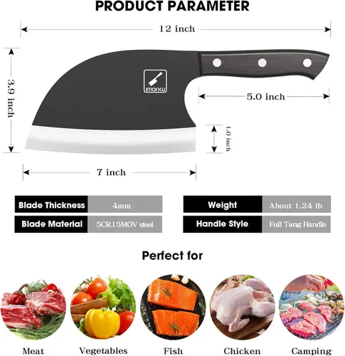 Vista 2 de imarku Cuchillo de carnicero, cuchillo de chef serbio de 7 pulgadas, cortador de carne de espiga completa forjado de acero de alto carbono