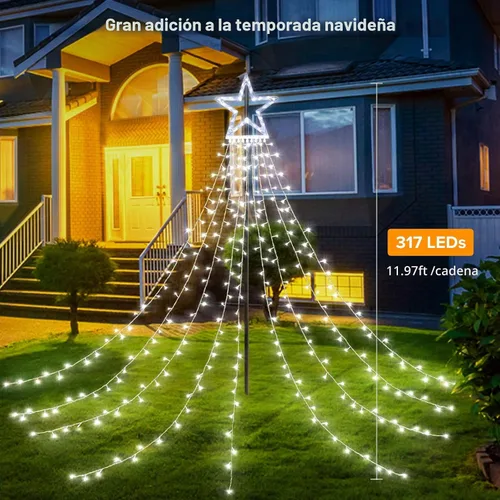 Vista 4 de BlcTec Luces de Navidad para exteriores, 317 luces LED de estrella de Navidad con 9 hebras de luces de árbol de cascada de 11.9 pies, 8 modos