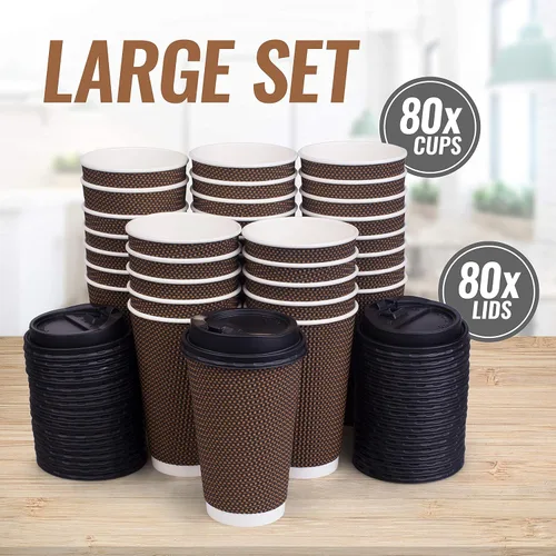 Vista 3 de Promora Tazas de café desechables marrones con tapas de 16 onzas, tazas de papel onduladas de papel aislado premium para café caliente