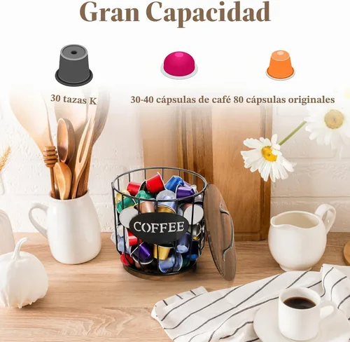 Vista 4 de yarlung Soporte para cápsulas de café con tapa, soporte para tazas K de gran capacidad con base de madera rústica, cesta de almacenamiento de café
